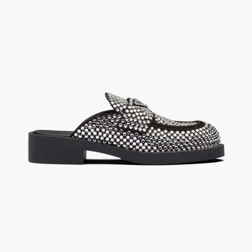 Side view of Prada Women Satin Mules with Crystals black satin upper