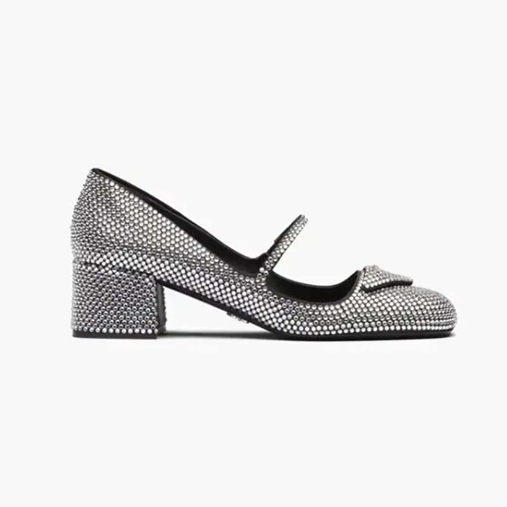 Side view of Prada Women Satin Pumps with Crystals 45mm heel silver
