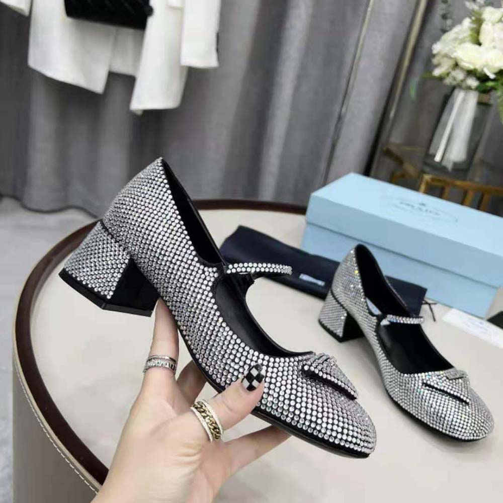 Prada Women Satin Pumps with Crystals in 45mm Heel Height-Silver - image 5