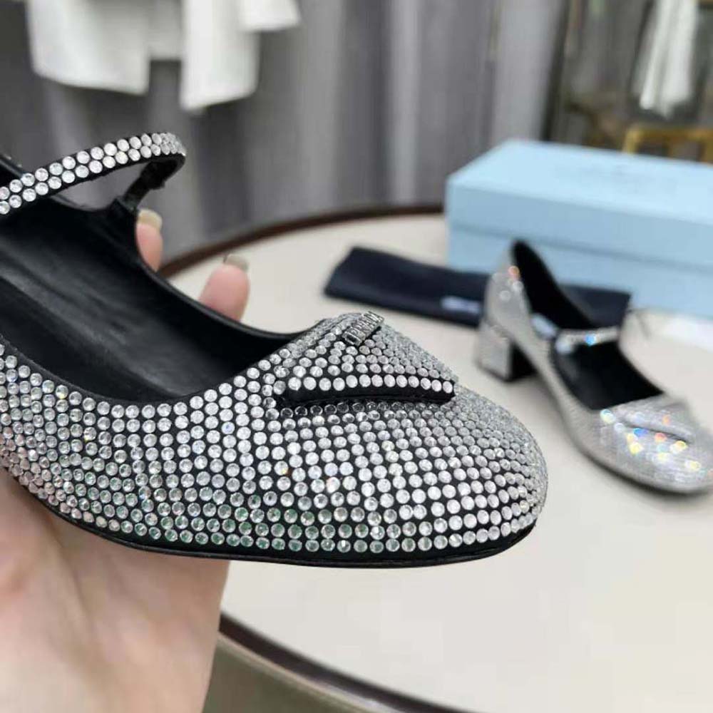 Prada Women Satin Pumps with Crystals in 45mm Heel Height-Silver - image 9