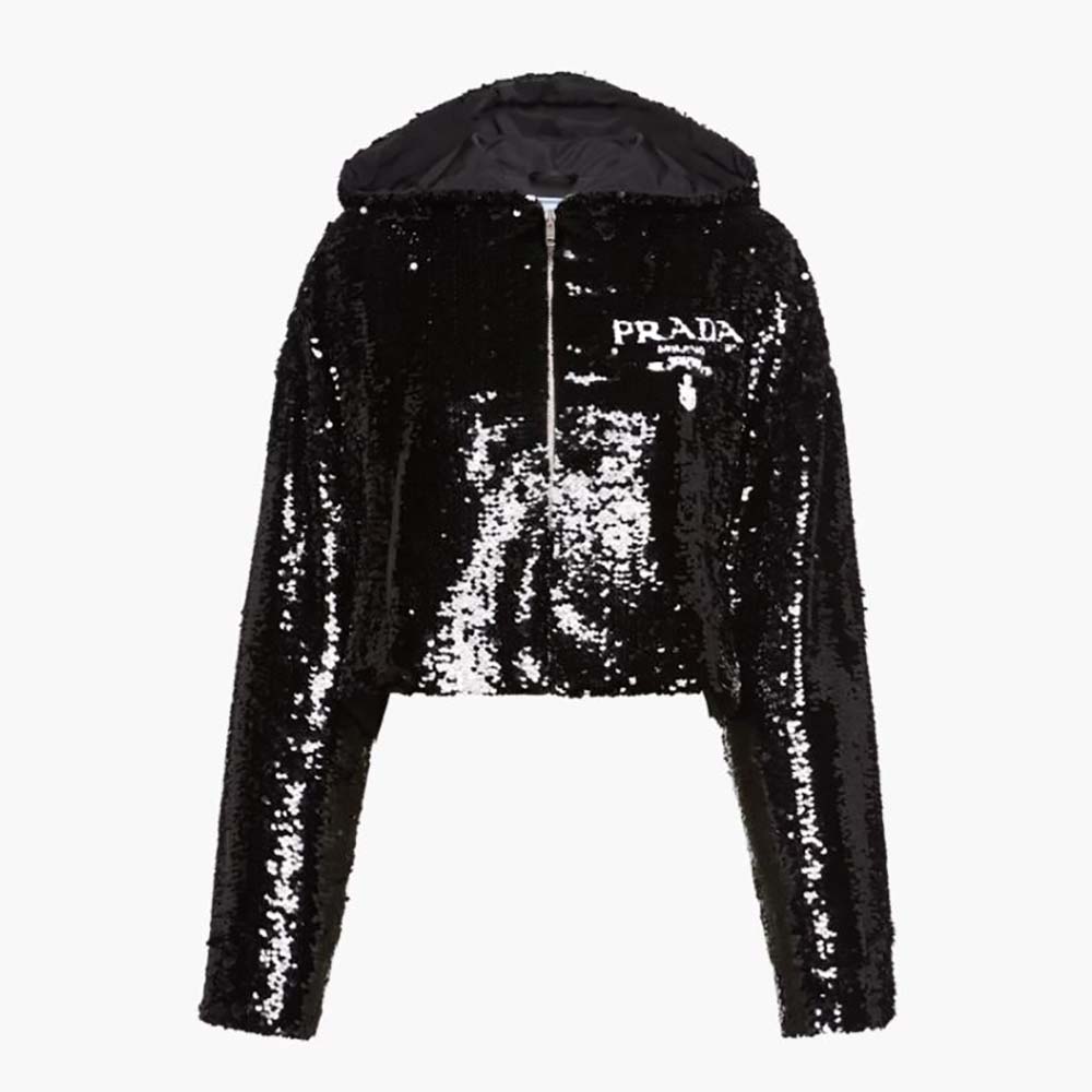 Front view of Prada Women Sequin-Embellished Chiffon Hoodie in black