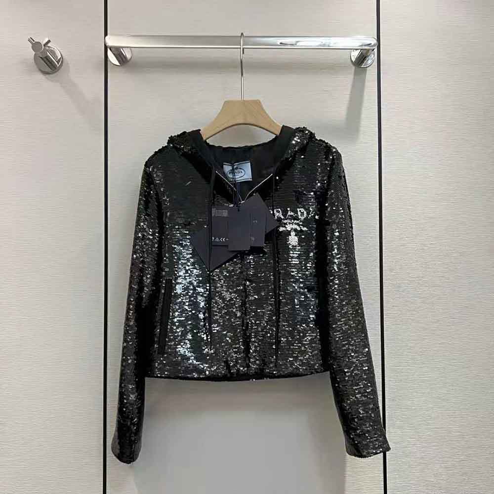 Close-up of sequin details on Prada Women Sequin-Embellished Chiffon Hoodie