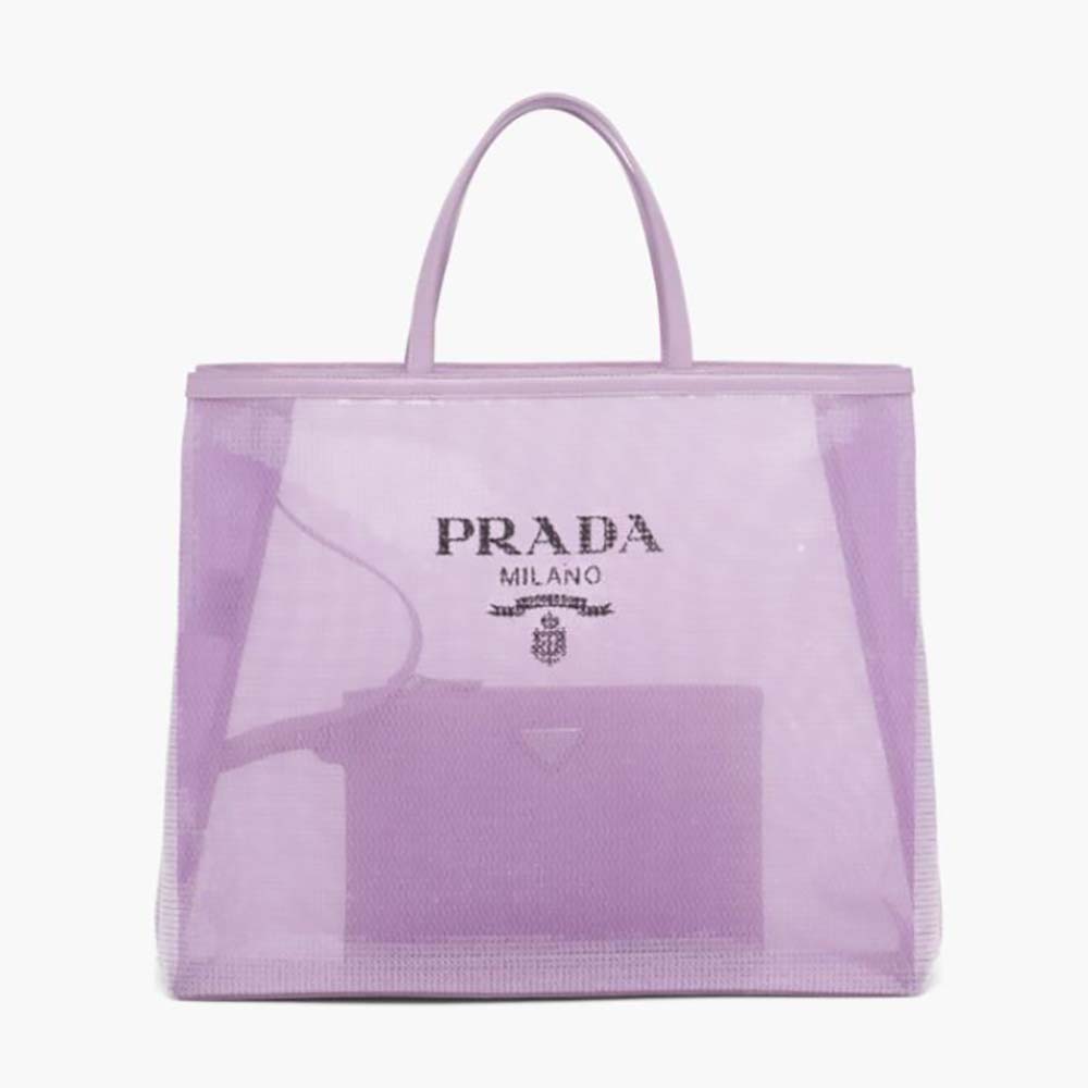 Front angle of Prada Women Sequined Mesh Tote Bag-Purple showing purple sequins
