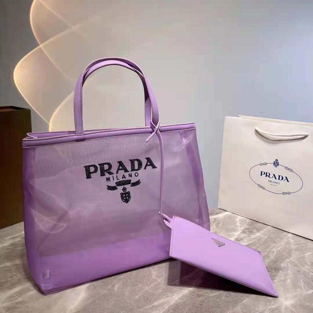Close-up of silver hardware and zip on Prada Women Sequined Mesh Tote Bag-Purple