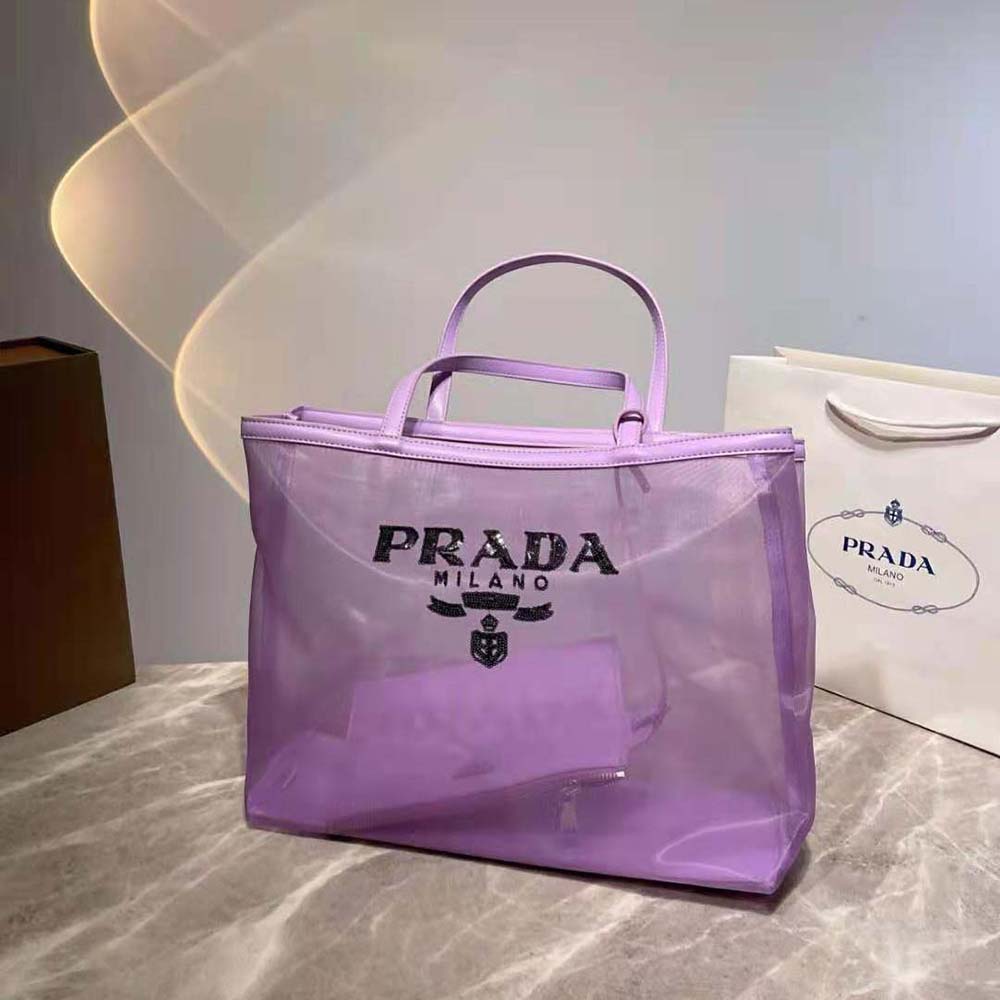 Side profile highlighting structured silhouette of Prada Women Sequined Mesh Tote Bag-Purple
