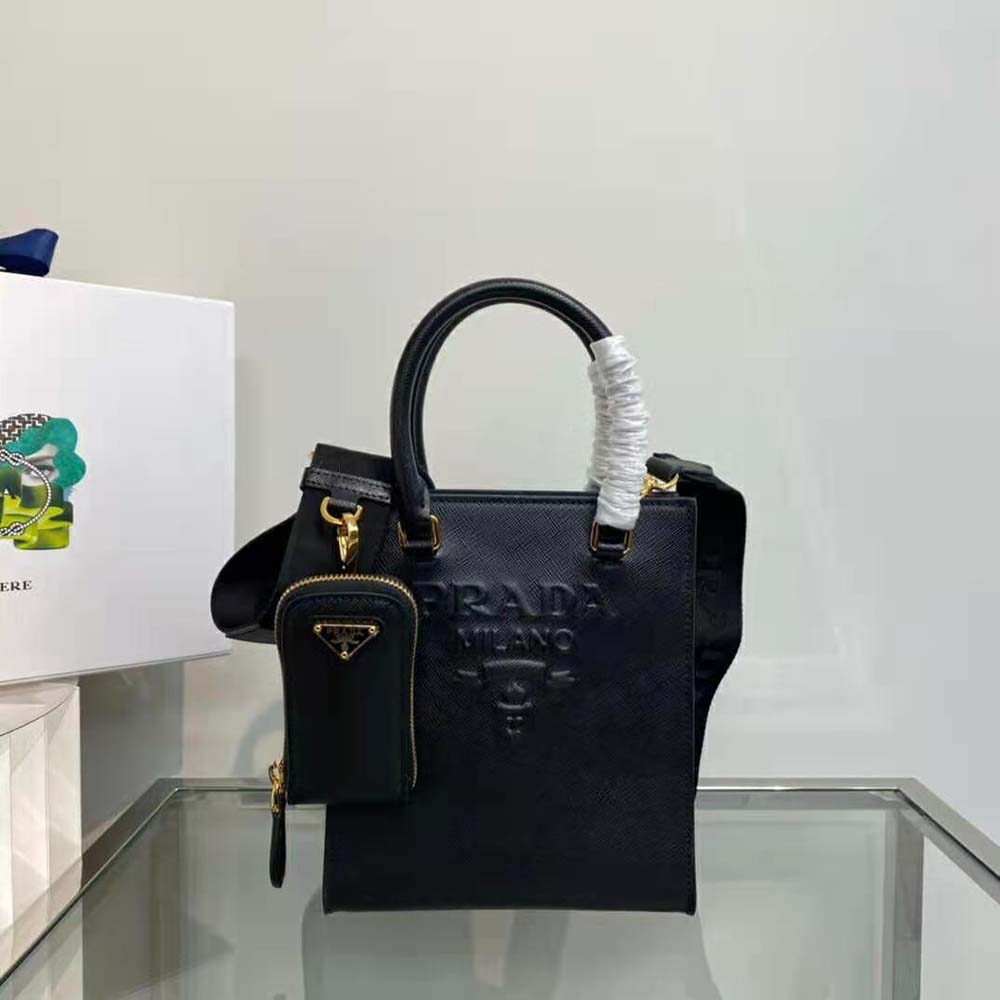 Close-up on gold-tone hardware of Prada Women Small Saffiano Leather Handbag-Black