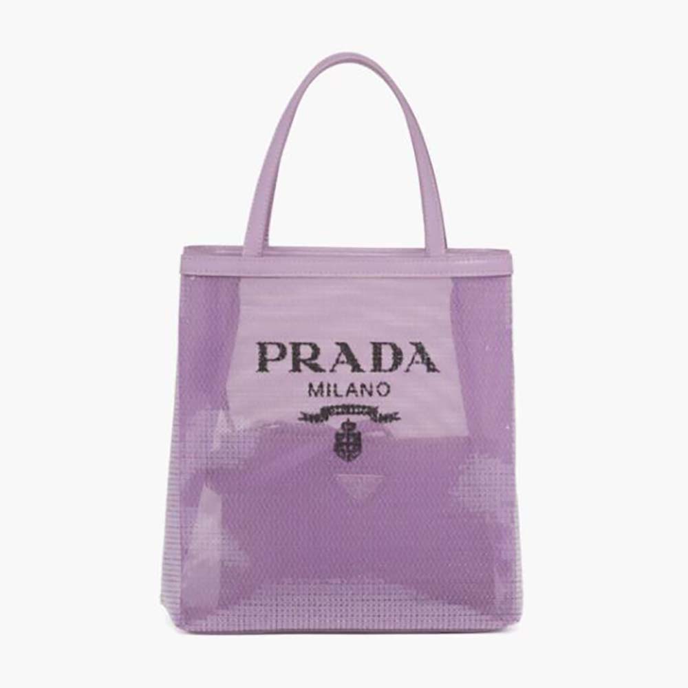 Front view of Prada Women Small Sequined Mesh Tote Bag-Purple with shimmer