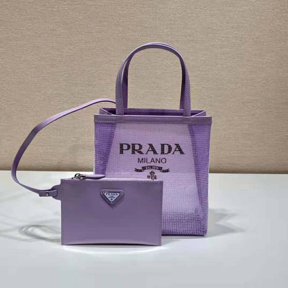 Close-up of sequined mesh and silver hardware on Prada tote purple