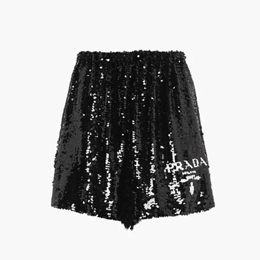 Front view of Prada Women Sparkling Sequin Chiffon Shorts in black