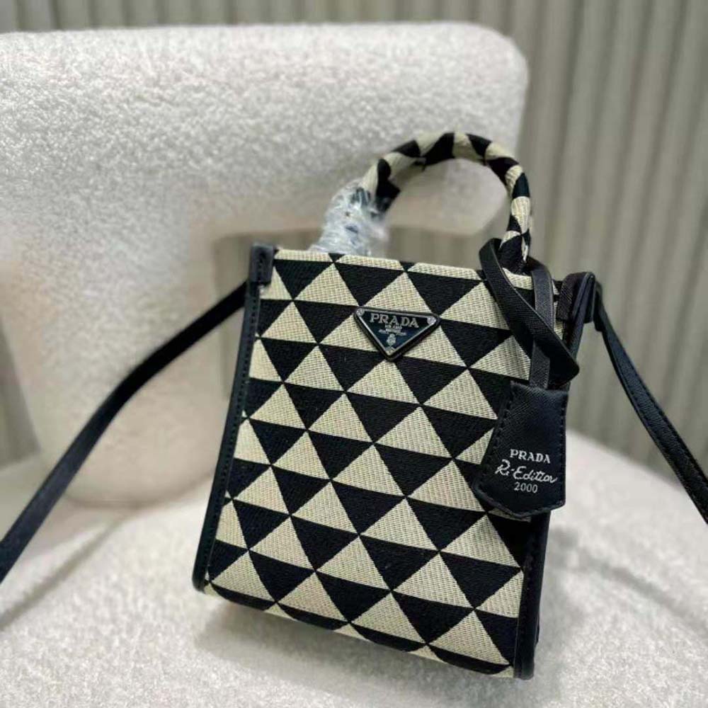 Close-up of jacquard fabric and silver hardware on Prada Women Micro Bag