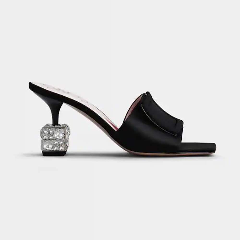 Side profile of Roger Vivier Women Cube Strass Heel Mules in Satin-Black