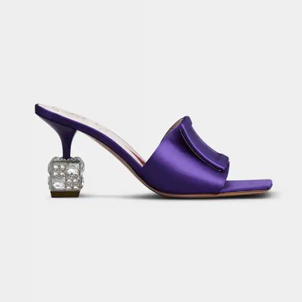 Side view of Roger Vivier Women Cube Strass Heel Mules in Satin-Purple