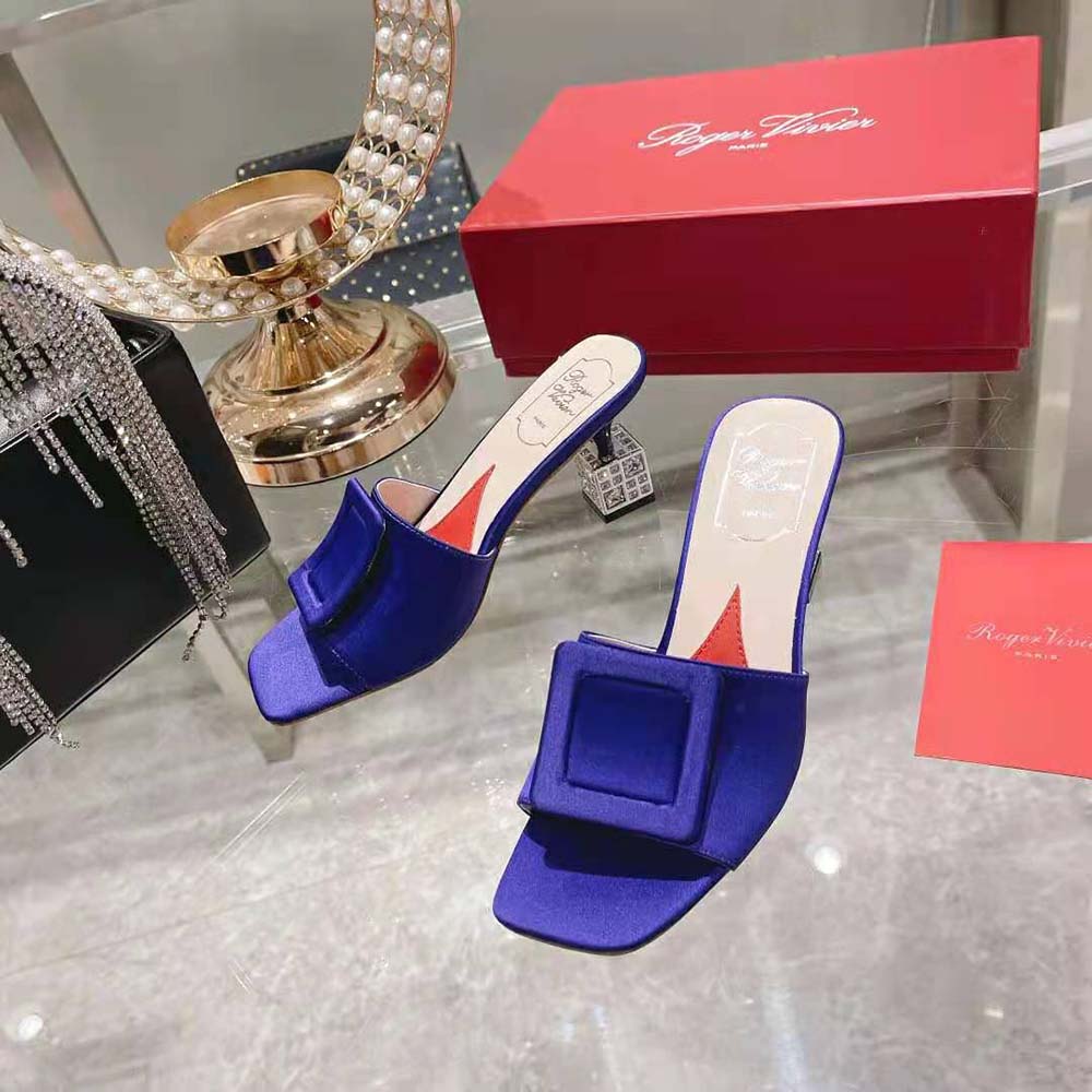 Top angle showing open-toe and satin texture of Roger Vivier mules