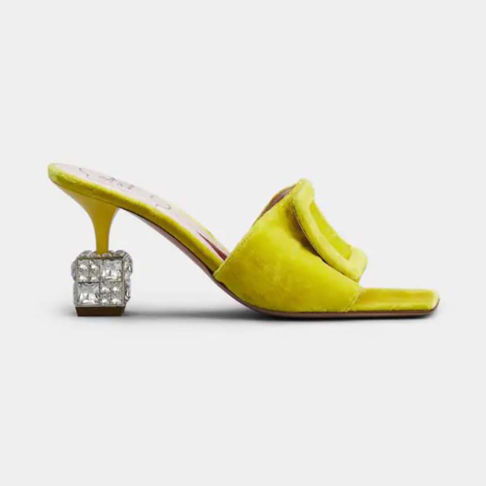 Side view of Roger Vivier Women Cube Strass Heel Mules in Velvet-Yellow
