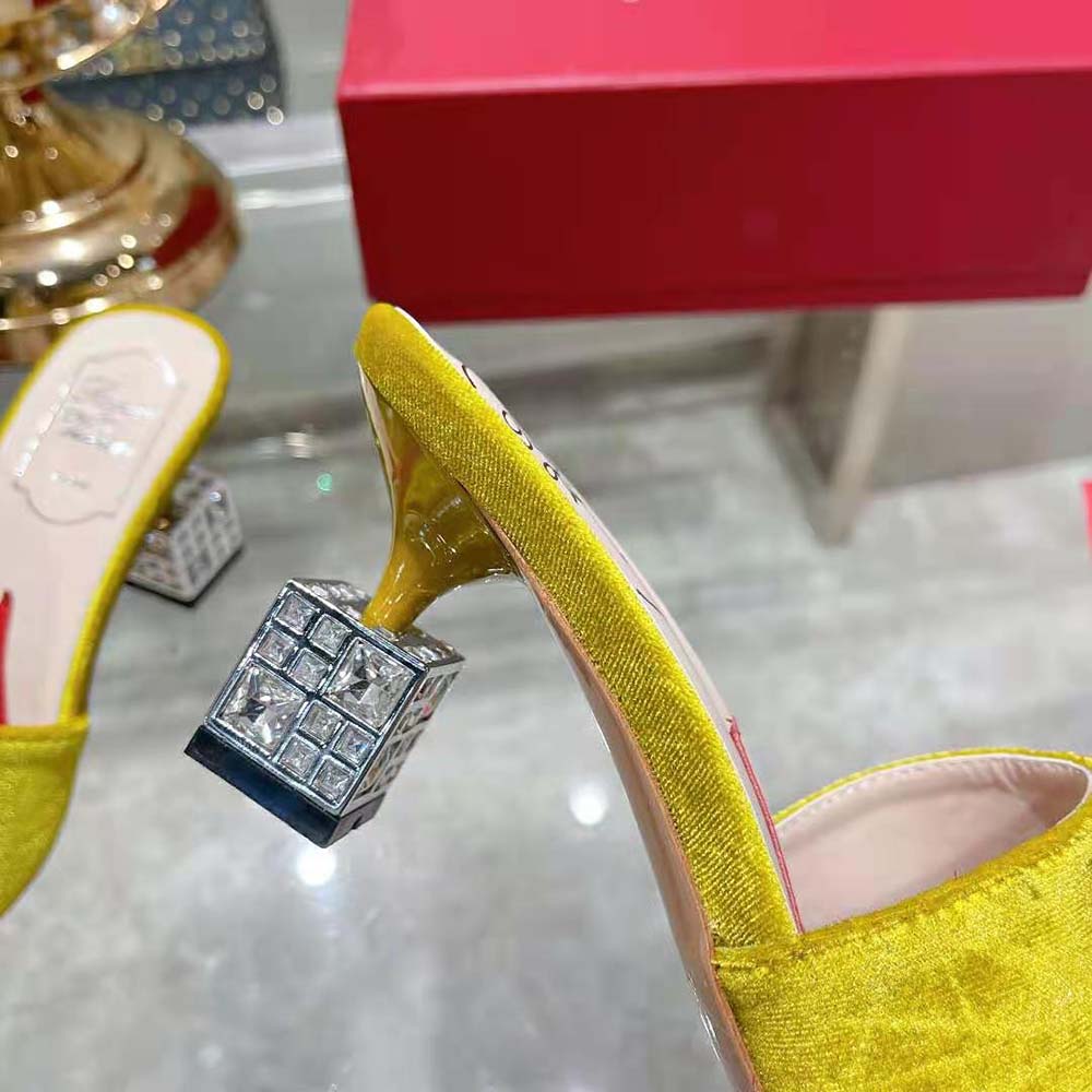 Roger Vivier Women Cube Strass Heel Mules in Velvet-Yellow - image 9