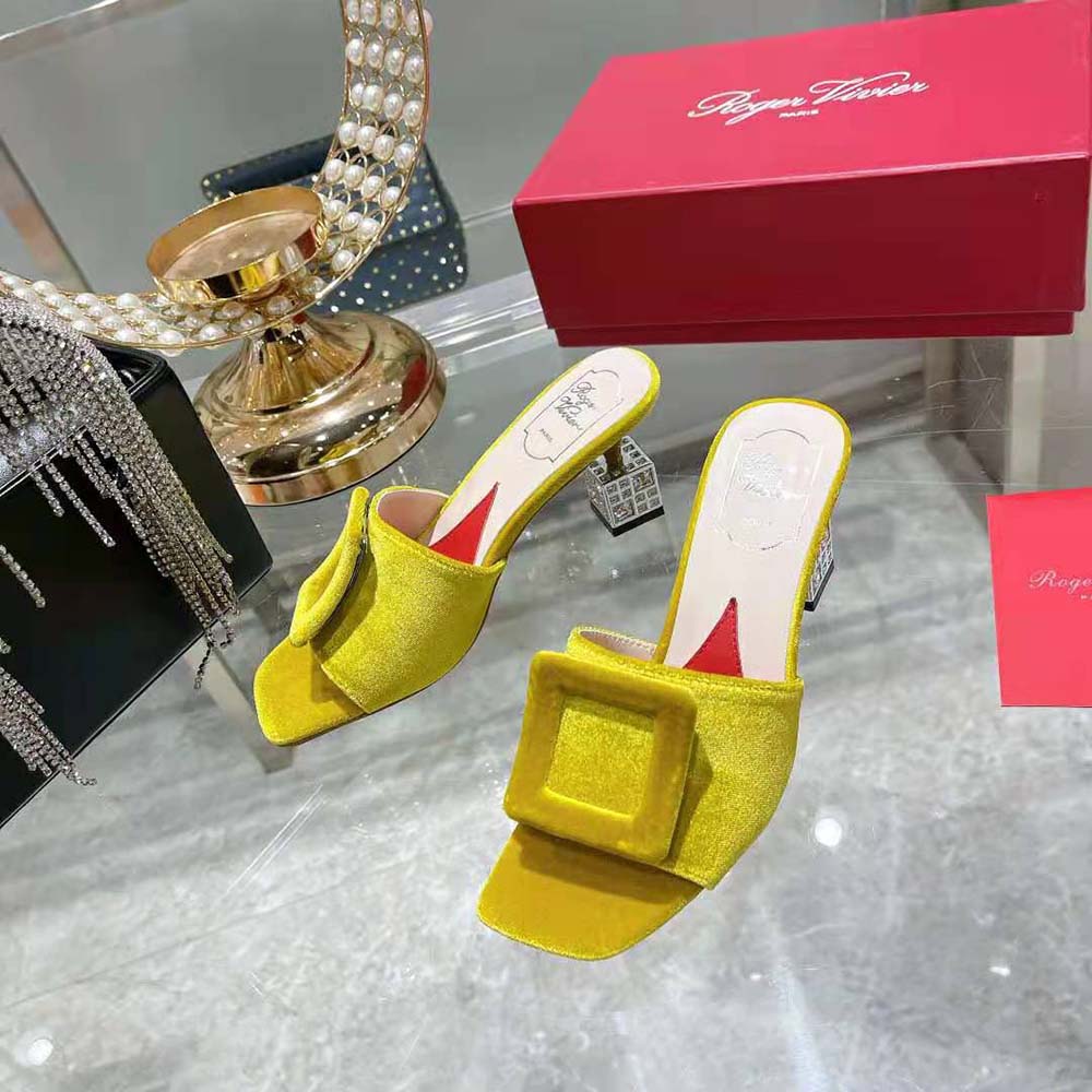 Roger Vivier Women Cube Strass Heel Mules in Velvet-Yellow - image 4