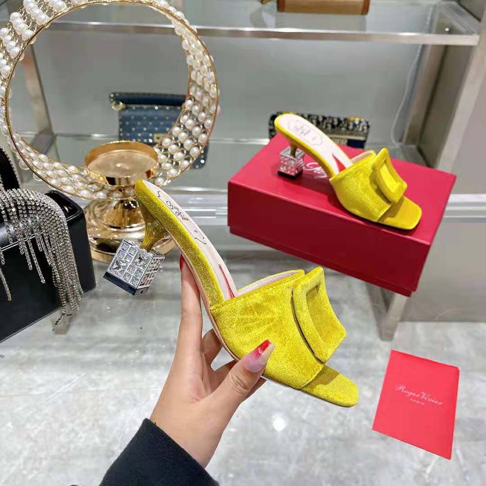 Roger Vivier Women Cube Strass Heel Mules in Velvet-Yellow - image 6