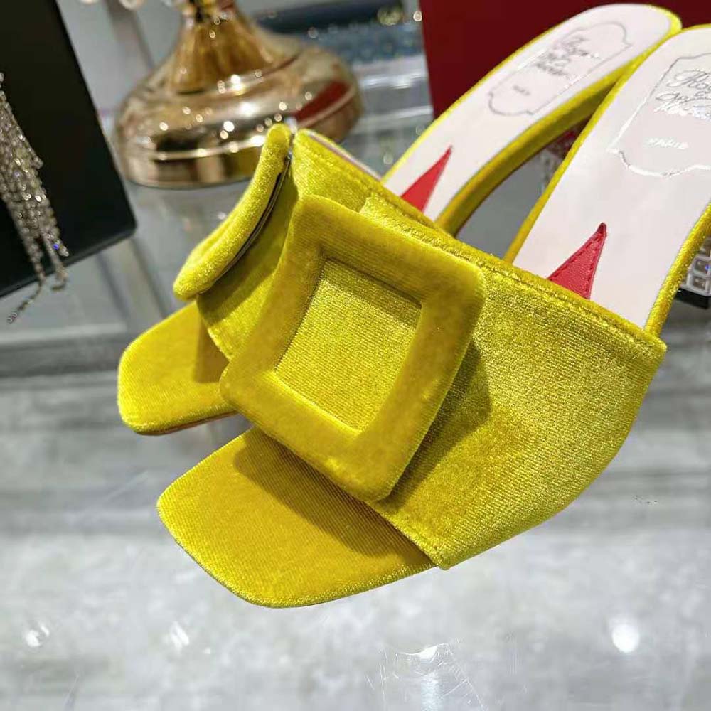 Roger Vivier Women Cube Strass Heel Mules in Velvet-Yellow - image 7