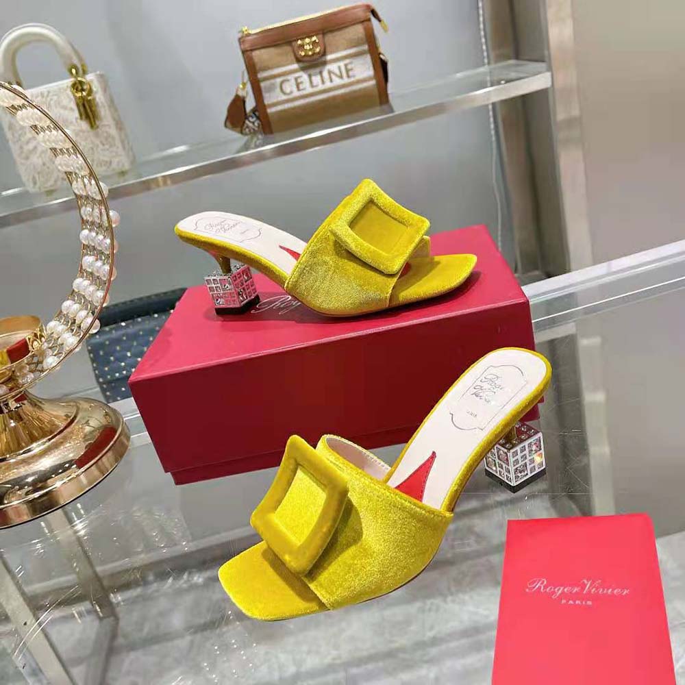 Roger Vivier Women Cube Strass Heel Mules in Velvet-Yellow - image 5