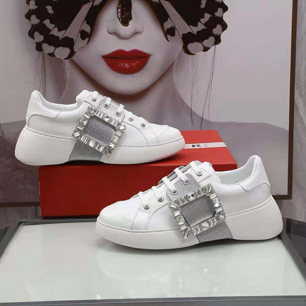 Roger Vivier Women Viv’ Skate Glitter Strass Buckle Sneakers in Soft Leather-Silver - image 4