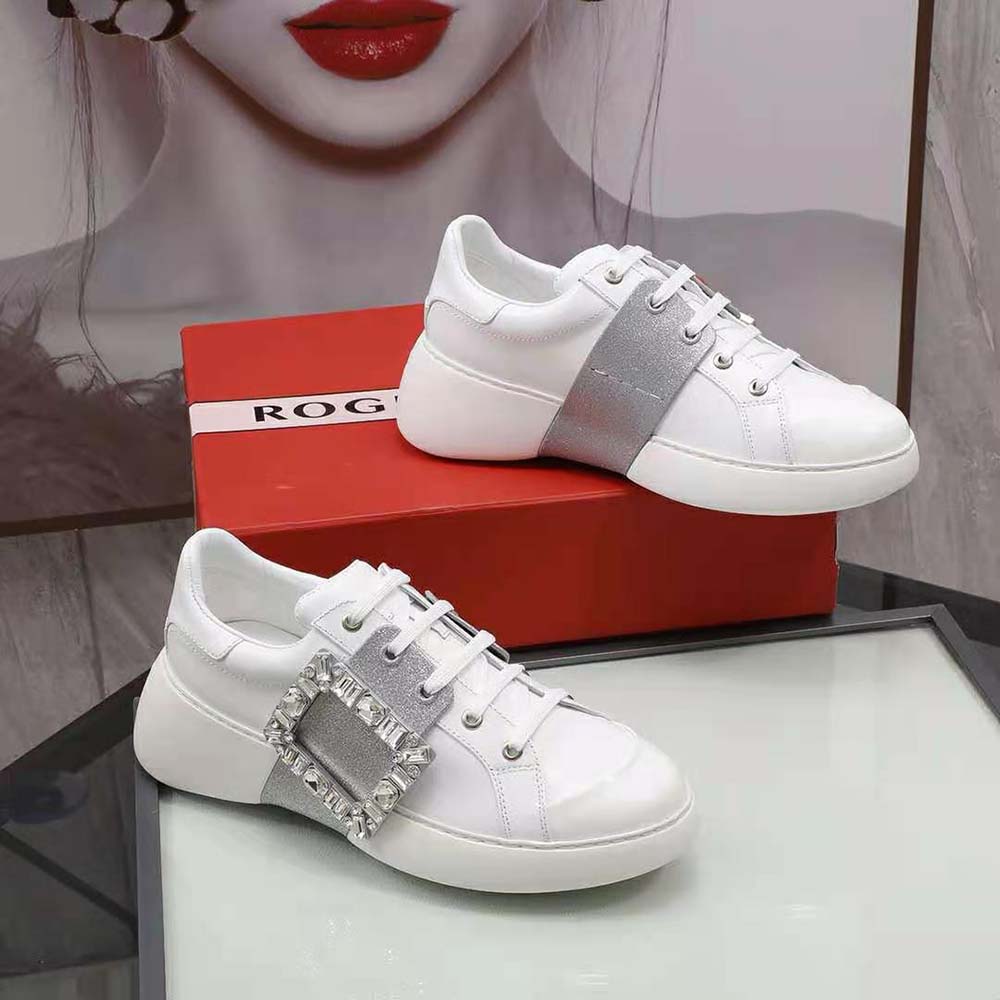 Top-down shot showing soft leather texture on Roger Vivier Viv’ Skate Sneakers
