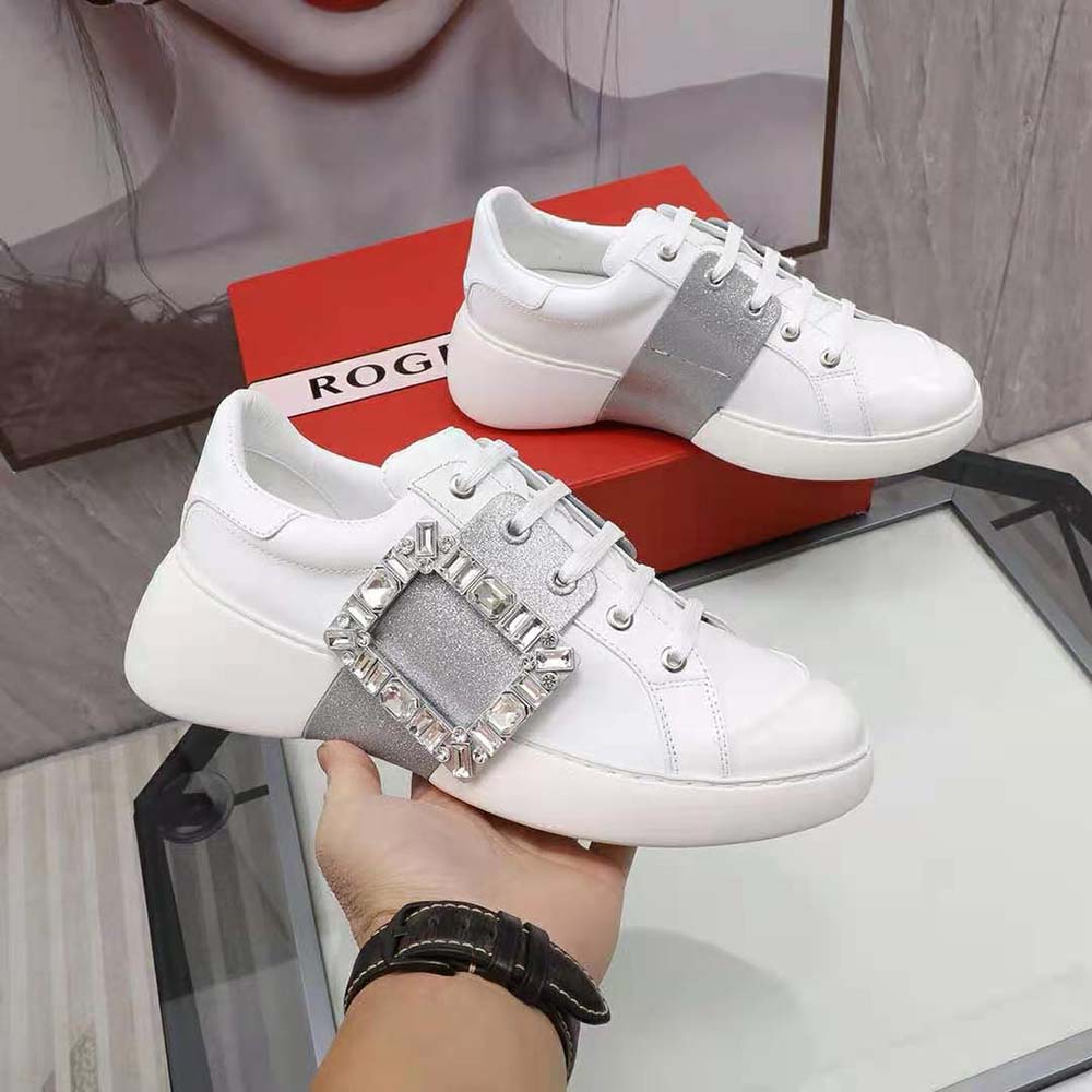 Roger Vivier Women Viv’ Skate Glitter Strass Buckle Sneakers in Soft Leather-Silver - image 5