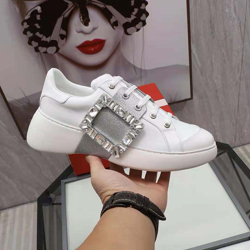 Roger Vivier Women Viv’ Skate Glitter Strass Buckle Sneakers in Soft Leather-Silver - image 7
