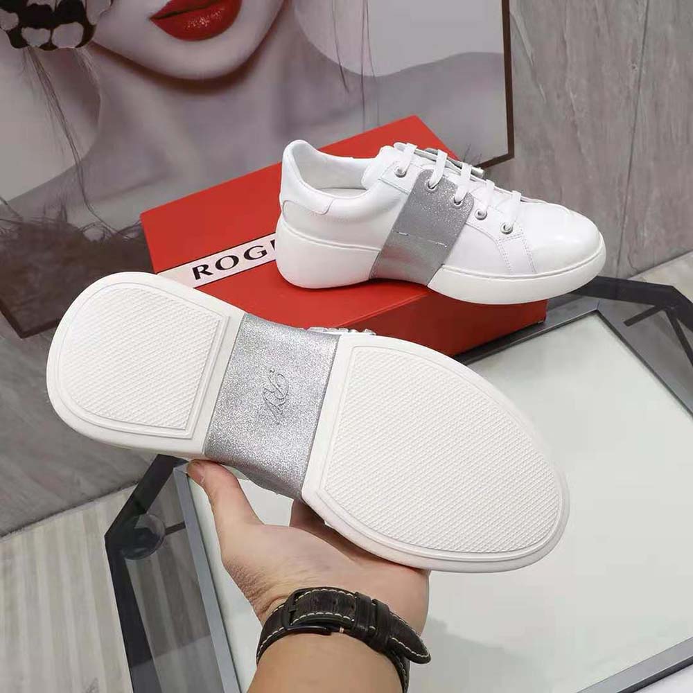 Roger Vivier Women Viv’ Skate Glitter Strass Buckle Sneakers in Soft Leather-Silver - image 10