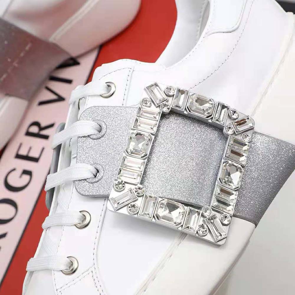 Roger Vivier Women Viv’ Skate Glitter Strass Buckle Sneakers in Soft Leather-Silver - image 9