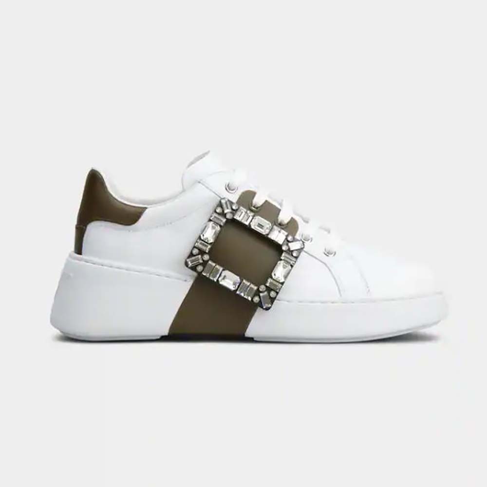 Side profile of Roger Vivier Women Viv Skate Strass Buckle Sneakers in white leather