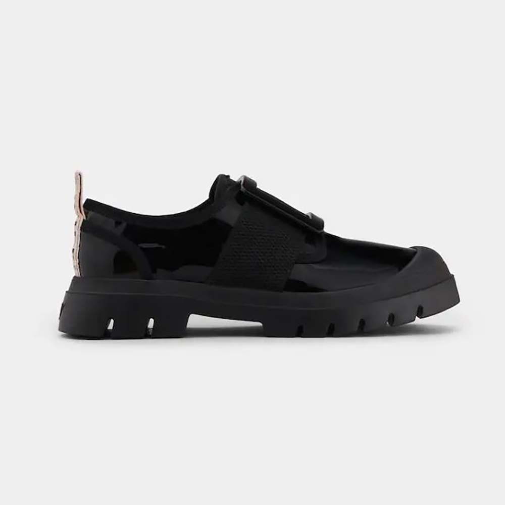 Front angled view of Roger Vivier Walky Viv Lacquered Buckle Sneakers in black leather