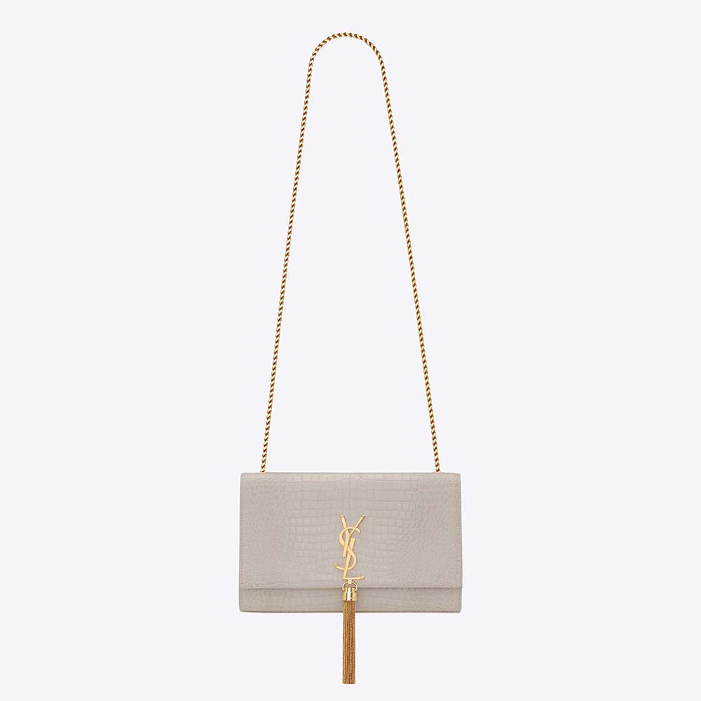 Saint Laurent YSL Women Kate Medium with Tassel in Crocodile-Embossed Shiny Leather-White - image 1