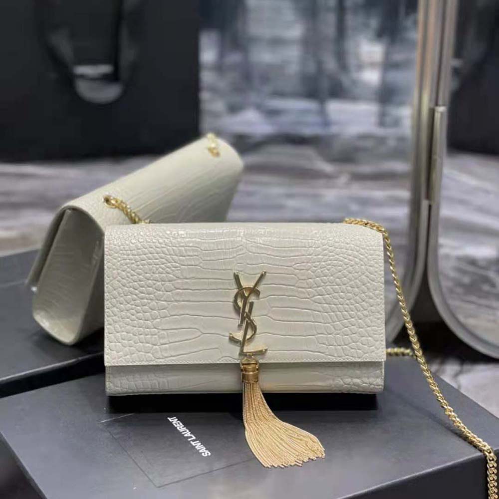 Saint Laurent YSL Women Kate Medium with Tassel in Crocodile-Embossed Shiny Leather-White - image 2