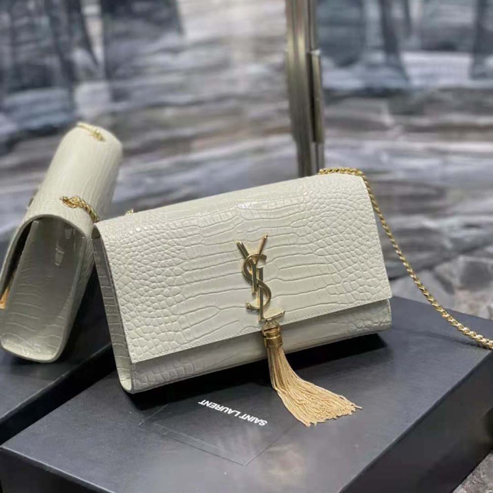 Saint Laurent YSL Women Kate Medium with Tassel in Crocodile-Embossed Shiny Leather-White - image 3