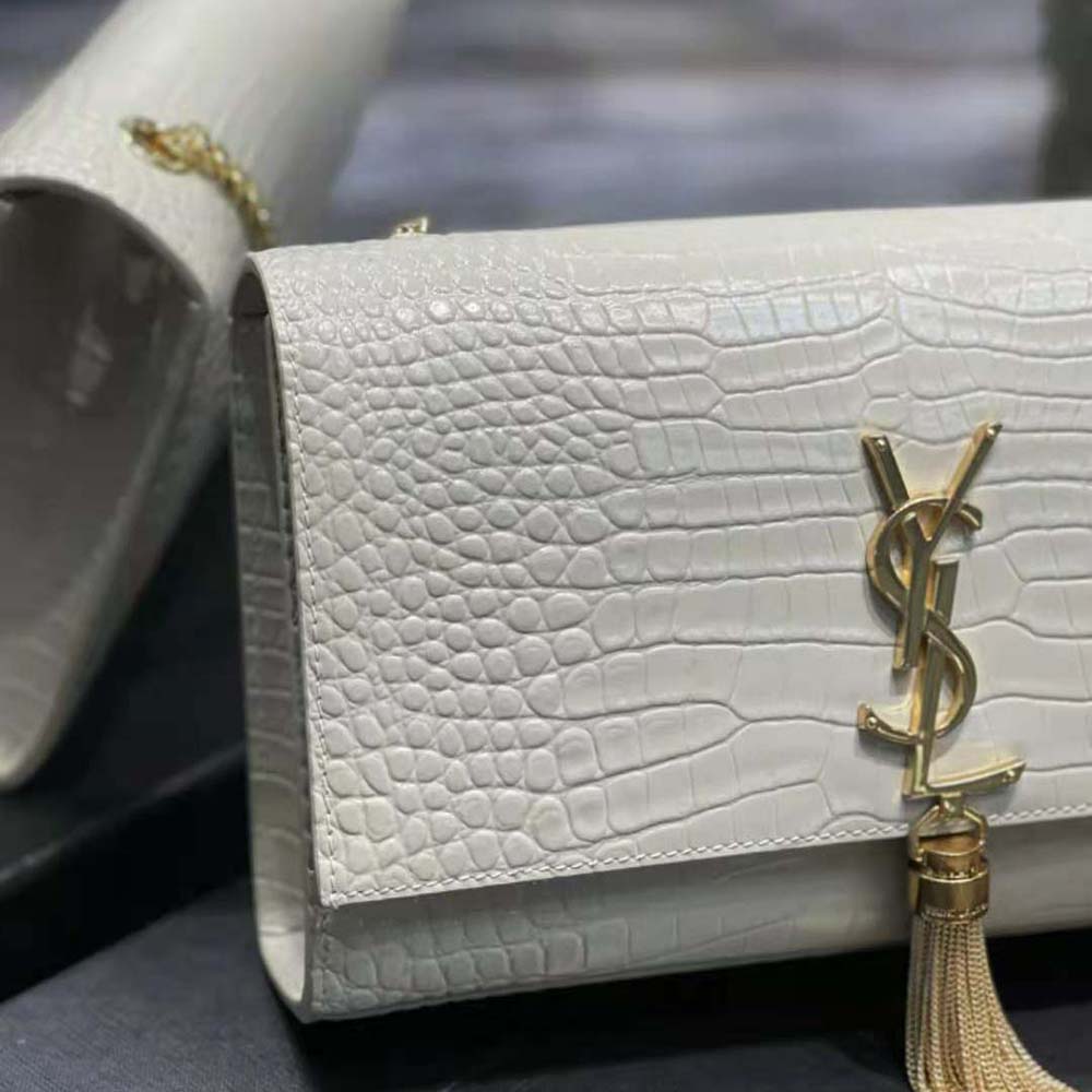 Saint Laurent YSL Women Kate Medium with Tassel in Crocodile-Embossed Shiny Leather-White - image 8