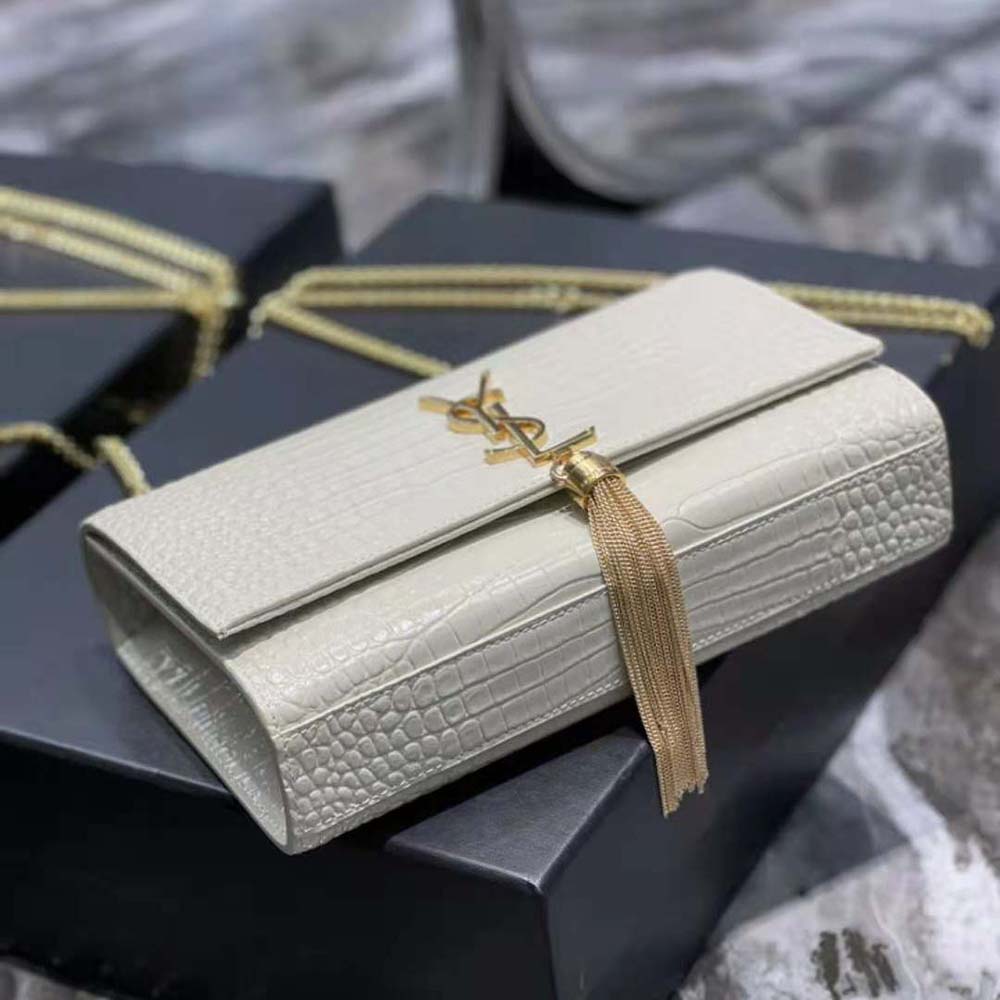 Saint Laurent YSL Women Kate Medium with Tassel in Crocodile-Embossed Shiny Leather-White - image 5