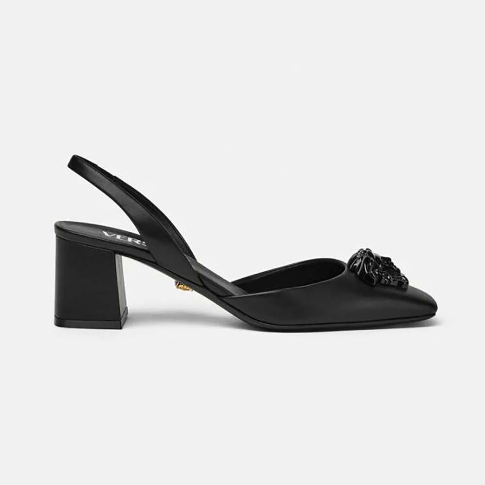 Side view of Versace Women La Medusa Leather Sling-Back Pumps-Black