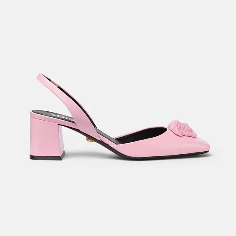 Side view of Versace Women La Medusa Leather Sling-Back Pumps-Pink showing silhouette