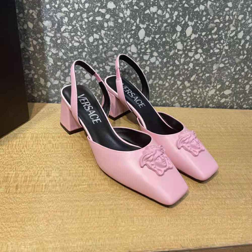 Top-down angle of pink leather and sling-back strap on Versace Women La Medusa Pumps