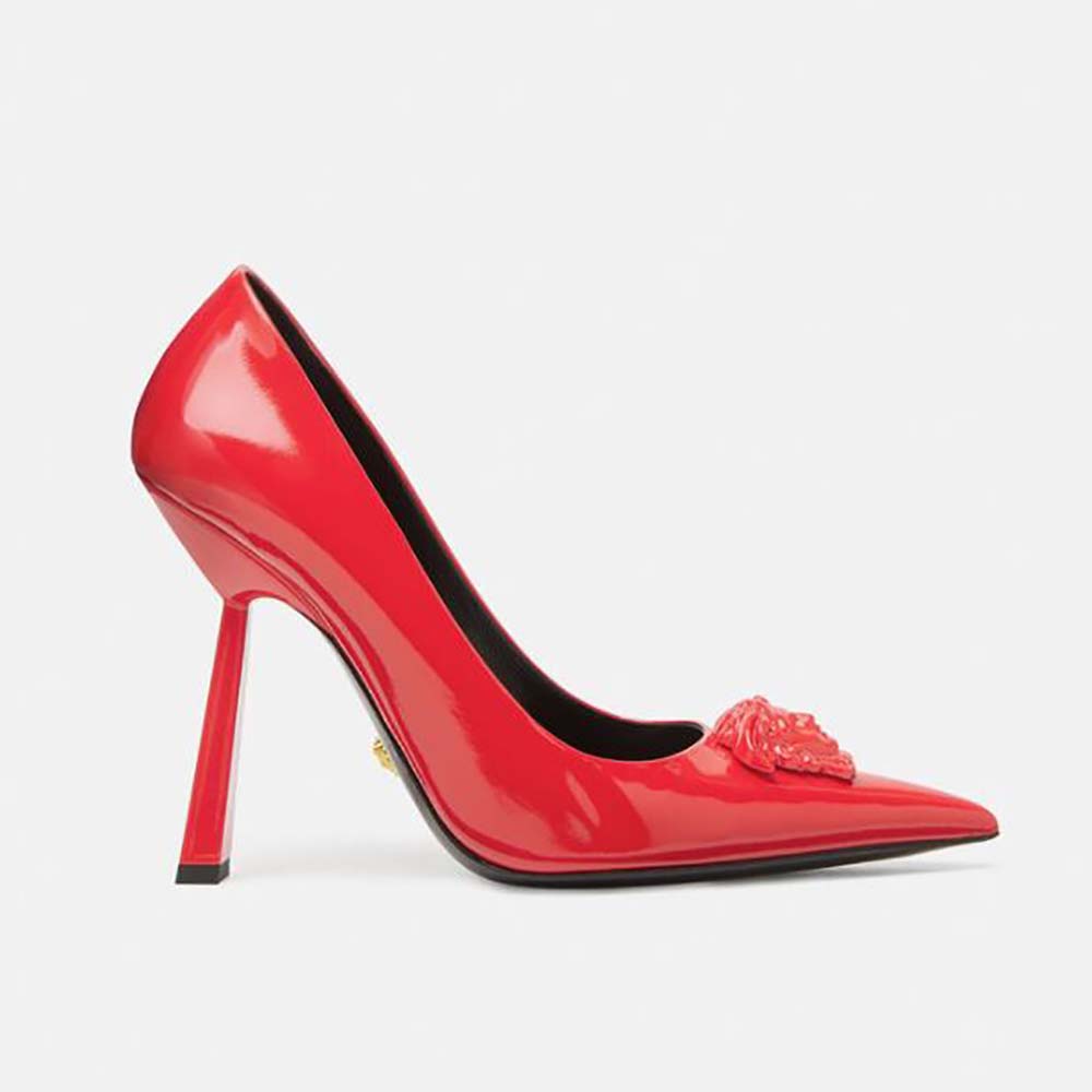 Side view of Versace Women La Medusa Naplak Pumps in vibrant red