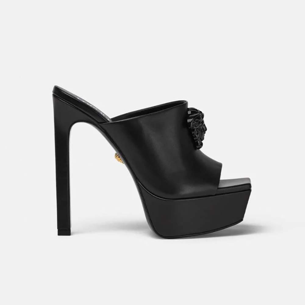 Side profile of Versace Women La Medusa Platform Mules in 105mm Heel Height-Black
