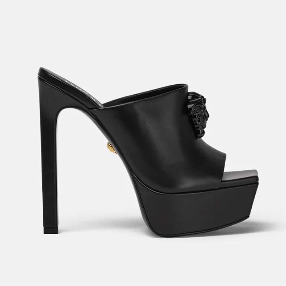 Side view of Versace Women La Medusa Platform Mules in Calf Leather-Black