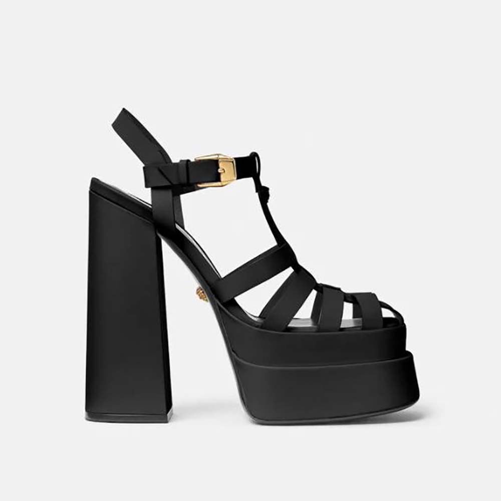 Side profile of Versace Women La Medusa Platform Sandals in Calf Leather-Black
