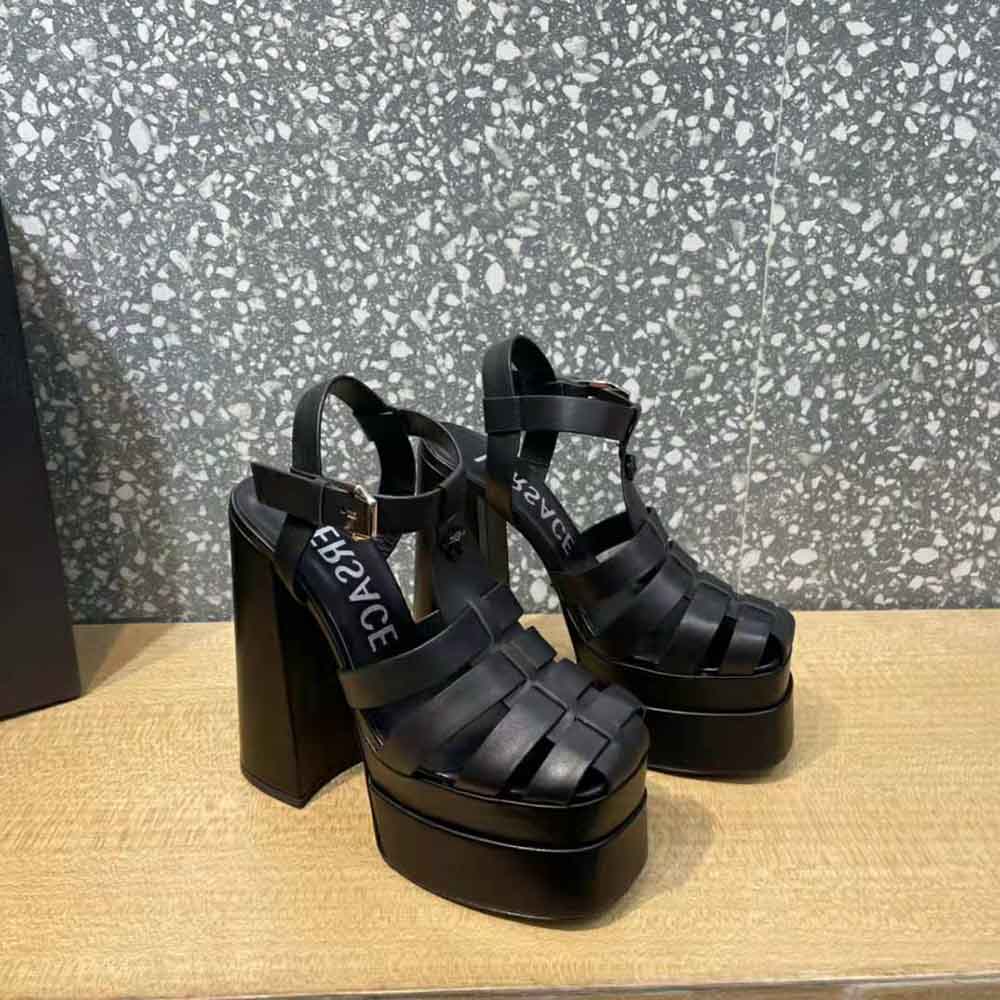 Versace Women La Medusa Platform Sandals in Calf Leather-Black - image 4