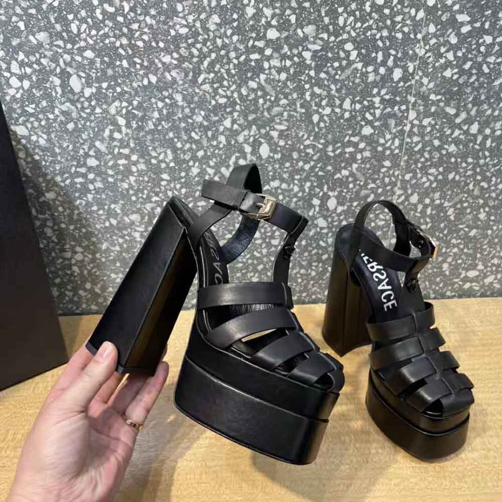 Versace Women La Medusa Platform Sandals in Calf Leather-Black - image 8