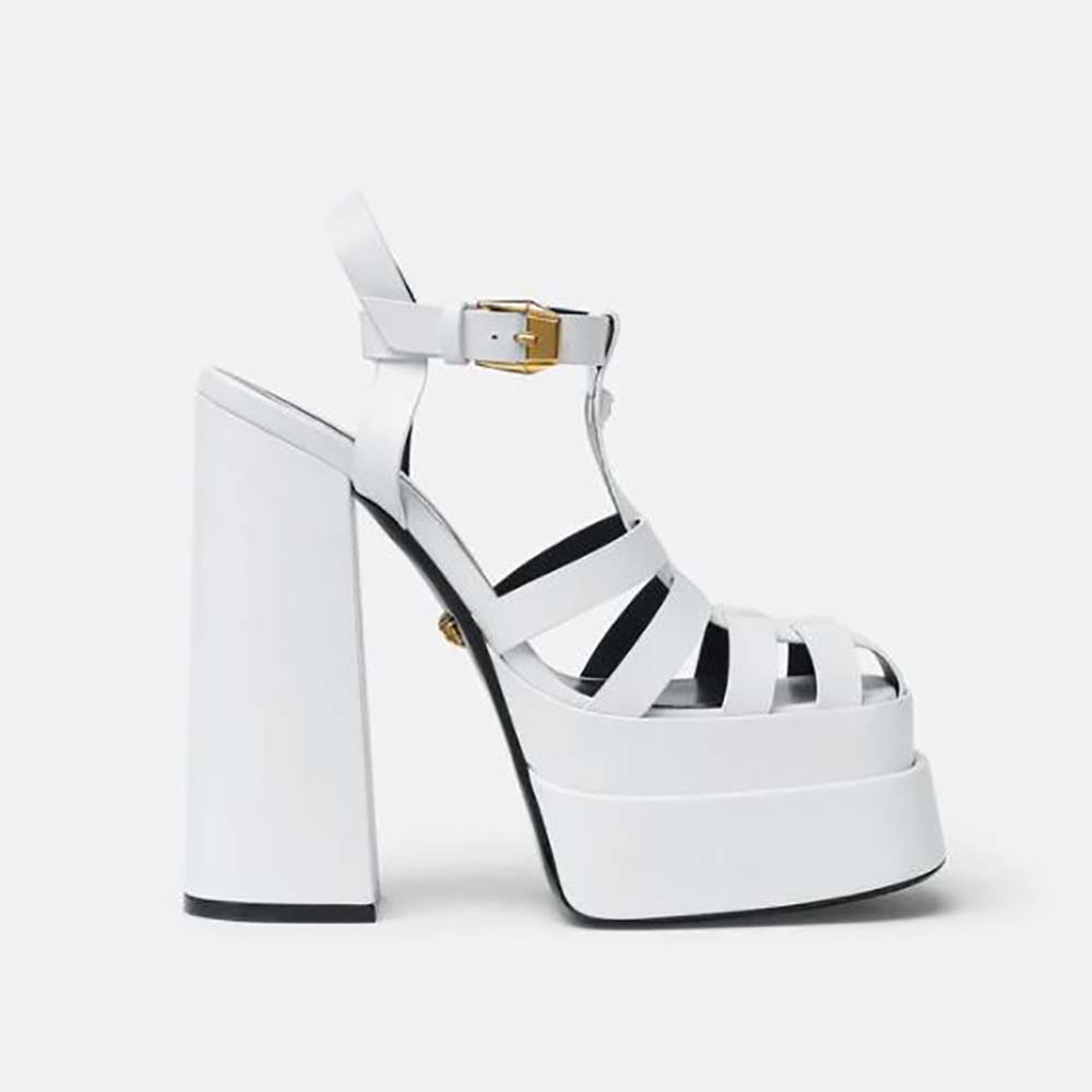 Side view of Versace Women La Medusa Platform Sandals in white leather