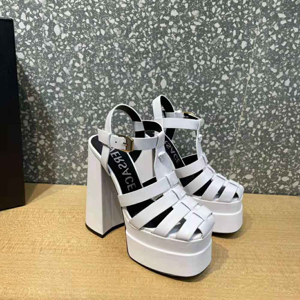 Top view showing adjustable buckle on Versace Women La Medusa Platform Sandals