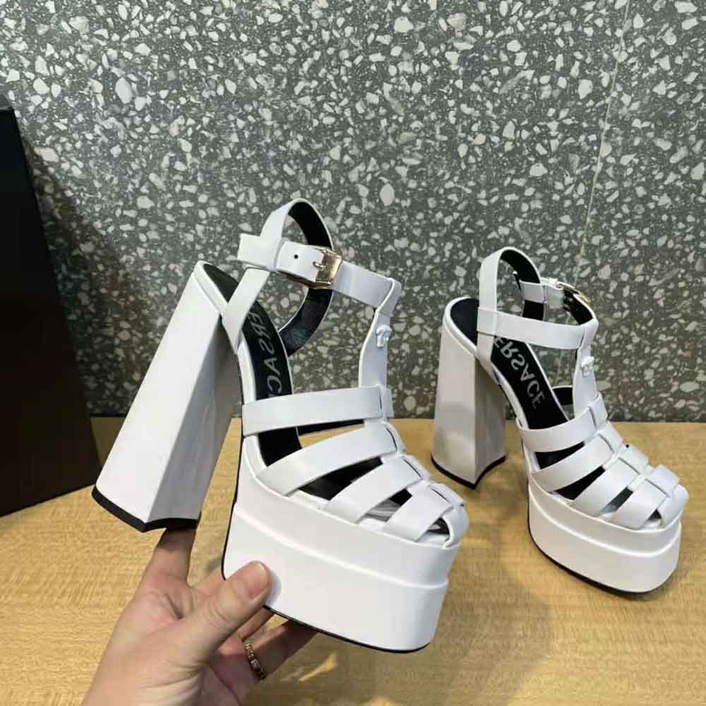Versace Women La Medusa Platform Sandals in Calf Leather-White - image 7
