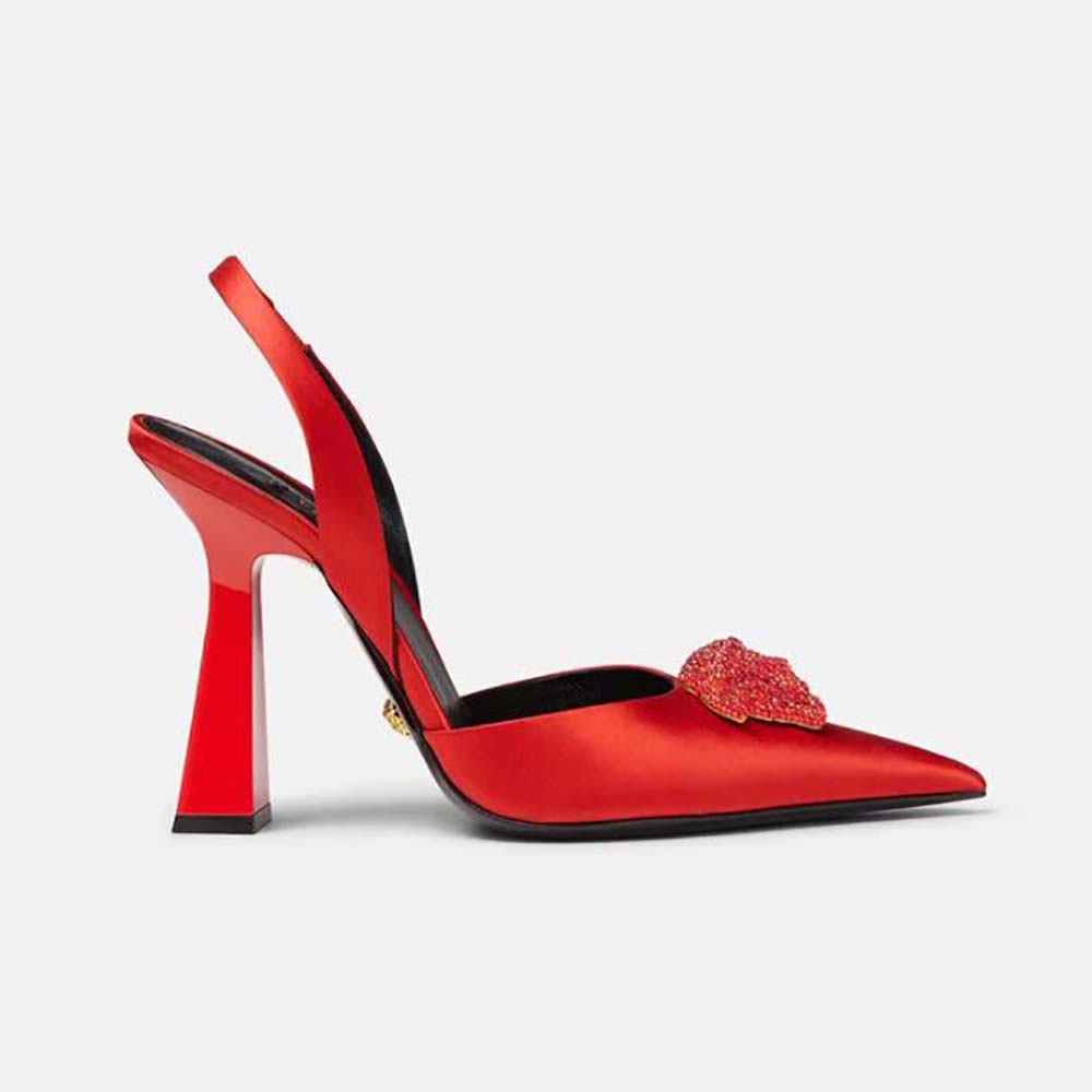 Side profile of Versace Women La Medusa Satin Sling-Back Pumps in red