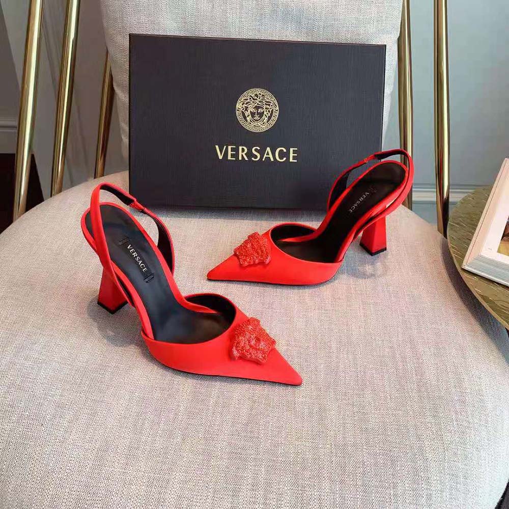 Versace Women La Medusa Satin Sling-Back Pumps in 105mm Heel Height-Red - image 4